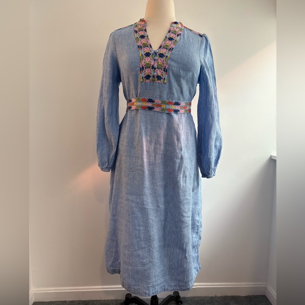 Boden Leonie Embroidered Long Sleeve Linen caftan in blue - Picture 6 of 15